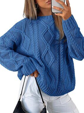 Trendy Queen Women's Azure Blue Oversized Long Sleeve Cable Knit Texture Sweater